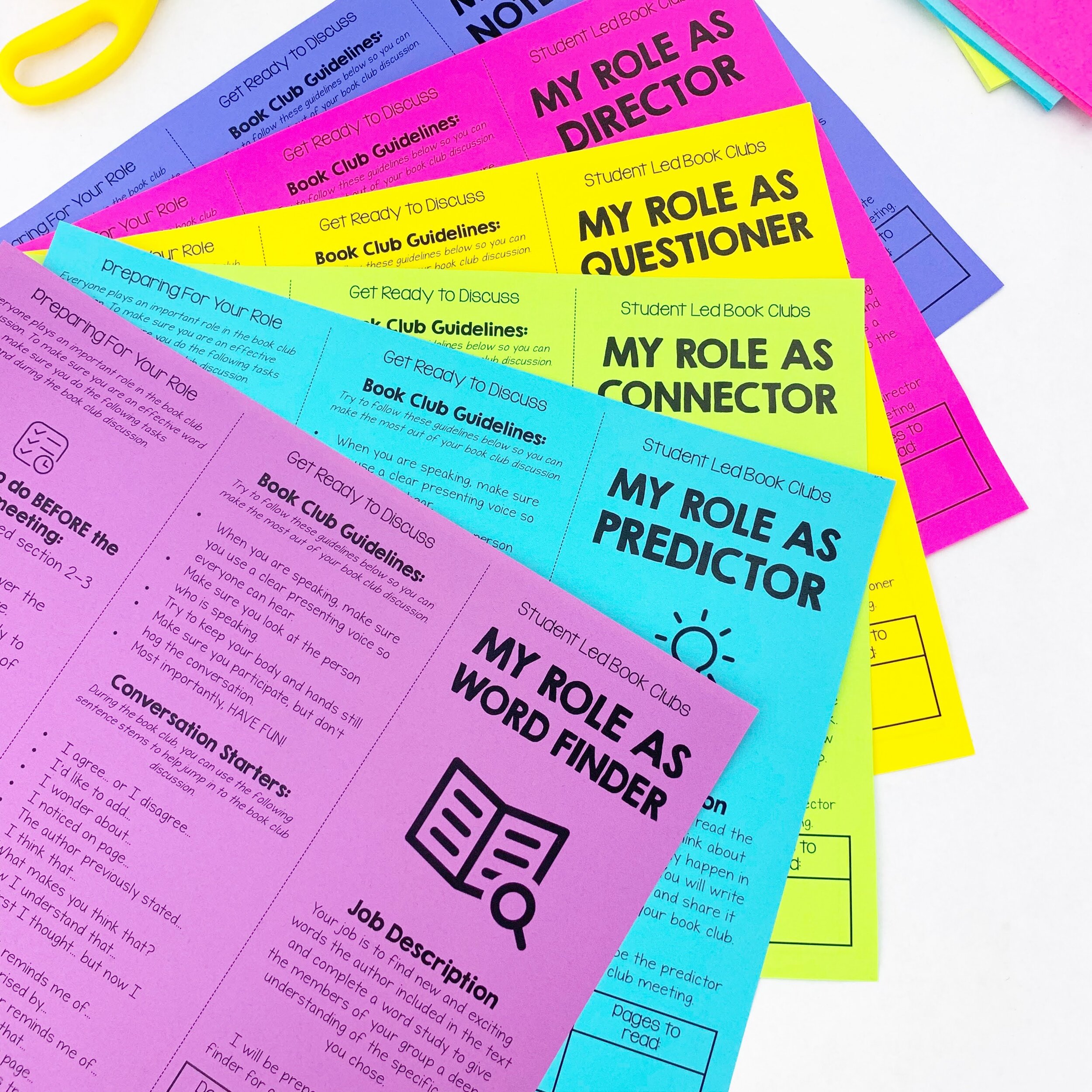 This image shows a set of student brochures teachers can use for book clubs in the classroom. The following brochure titles are pictured: word finder, predictor, connector, questioner, director. 