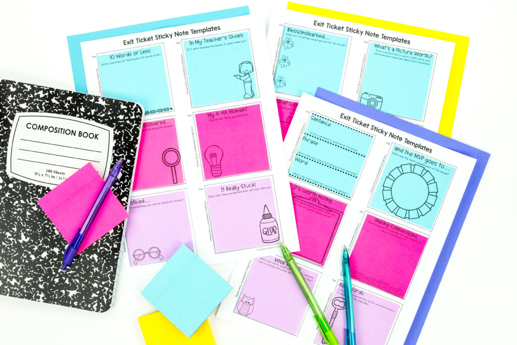 Image shows exit ticket templates described in the blog post printed on sticky notes. 