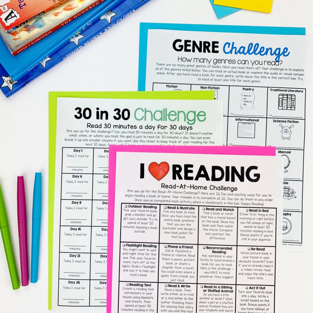Picture shows three reading challenge bingo boards - genre challenge, 30-in-30 challenge, read at home challenge. All are ideas for how you can make teaching reading more fun. 