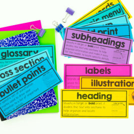 picture shows colorful word wall cards teachers could display to teach students the various types of nonfiction text features