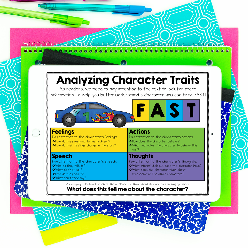 White iPad is sitting on a stack of books with an anchor chart titled Analyzing Character Traits. It includes the FAST reading strategy which encourages students to think about a character's feelings, actions, speech, and thoughts.