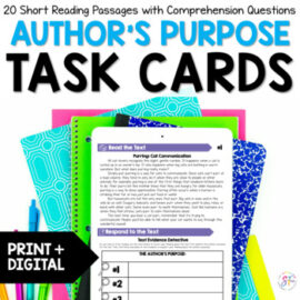 Theme and Author's Purpose Reading Comprehension Task Cards for